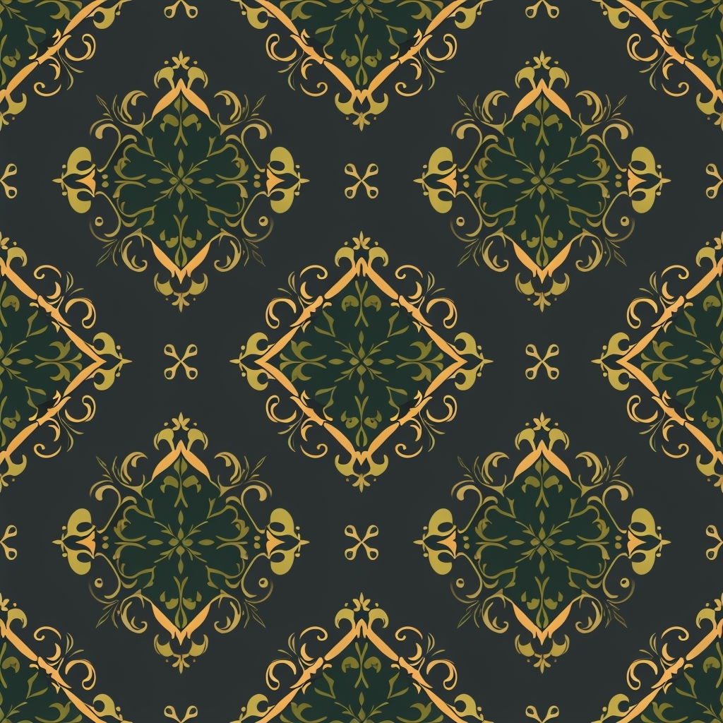 Elegant Forest Green and Amber Damask Pattern Design Seamless Pattern