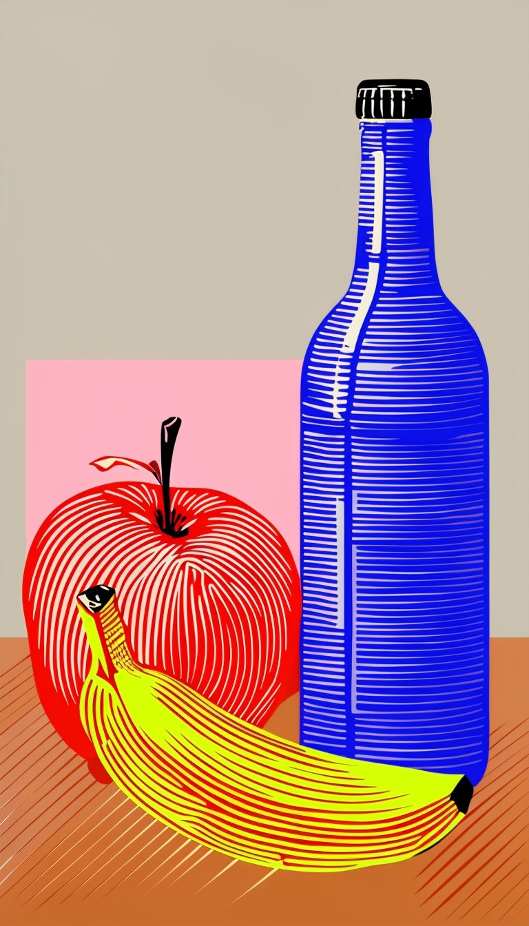 Stylized Fruit and Bottle Graphic Illustration in Bold Colors Art