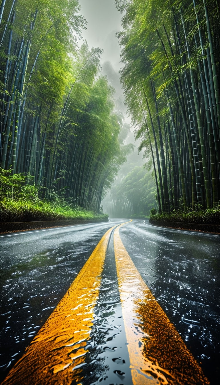 Tranquil Rain-Soaked Road in Bamboo Forest Mobile Wallpaper