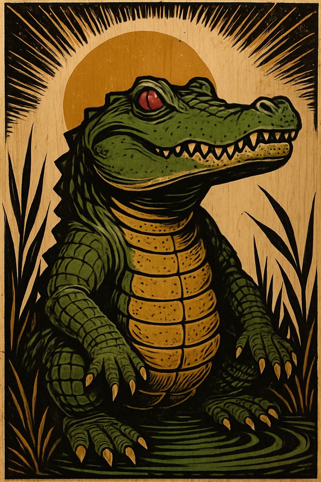 Bold Anthropomorphic Alligator Woodcut Illustration Art