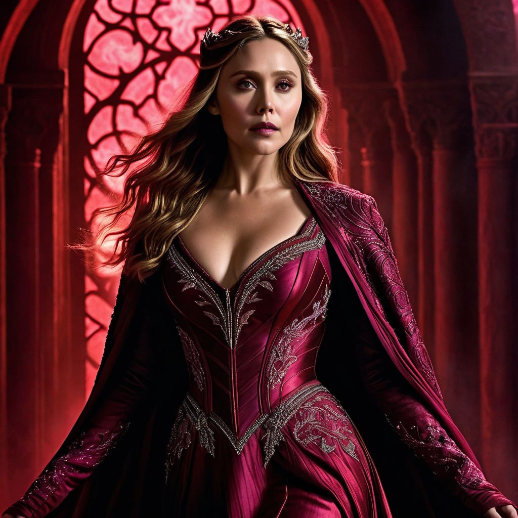 Actress Elizabeth Olsen wearing as character Scarlet Witch with big breasts  and big ass