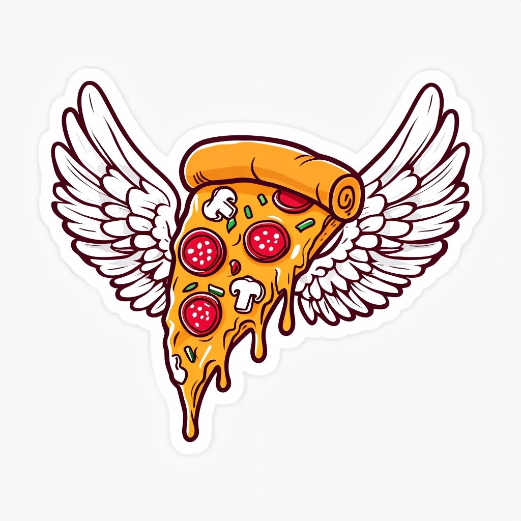 Playful Cartoon Pizza Slice with Wings Illustration Sticker