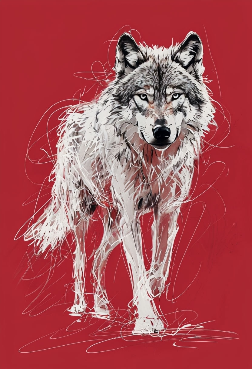 Dynamic White Line Wolf Illustration on Scarlet Background Art