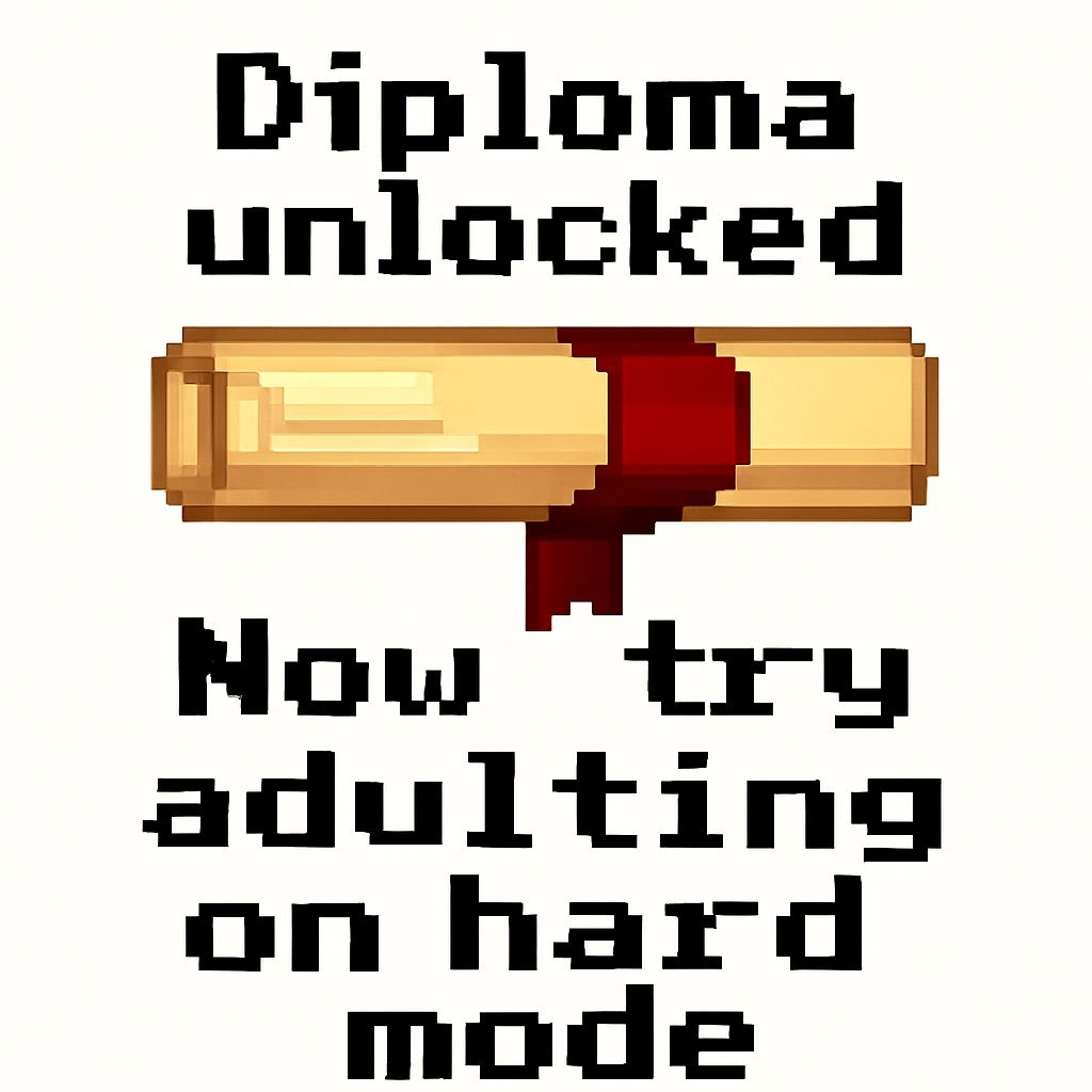 Pixel Art Diploma Unlocked with Cheeky Adulting Message Sticker