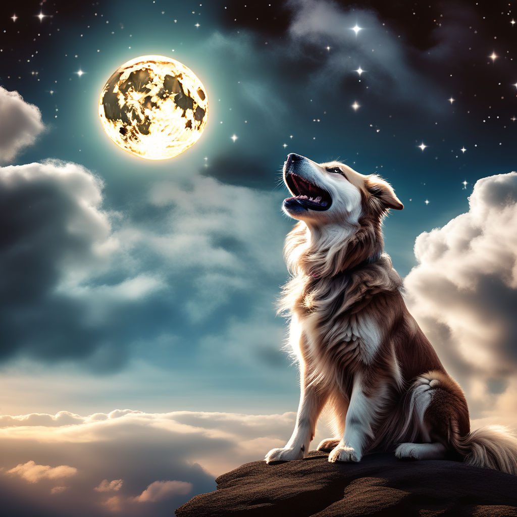 A whimsical scene of a dog howling at the moon during a tota... by ...