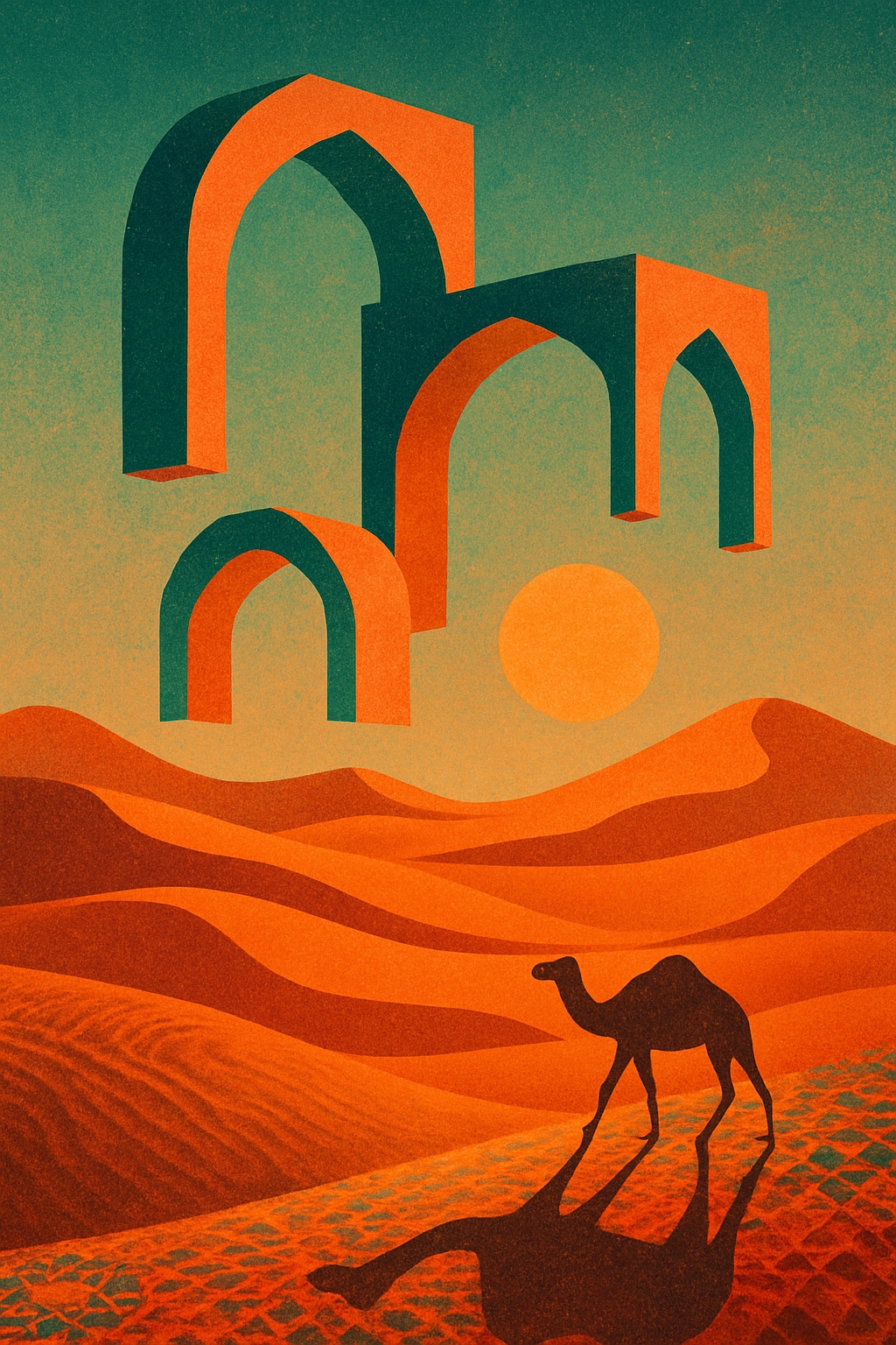 Surreal Desert Landscape with Geometric Arches and Camel Poster