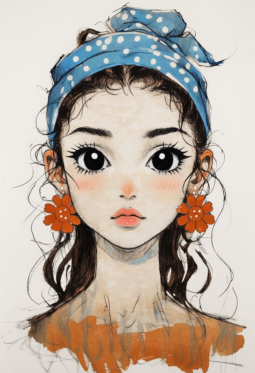 Whimsical Anime Girl Portrait with Blue Headscarf Art