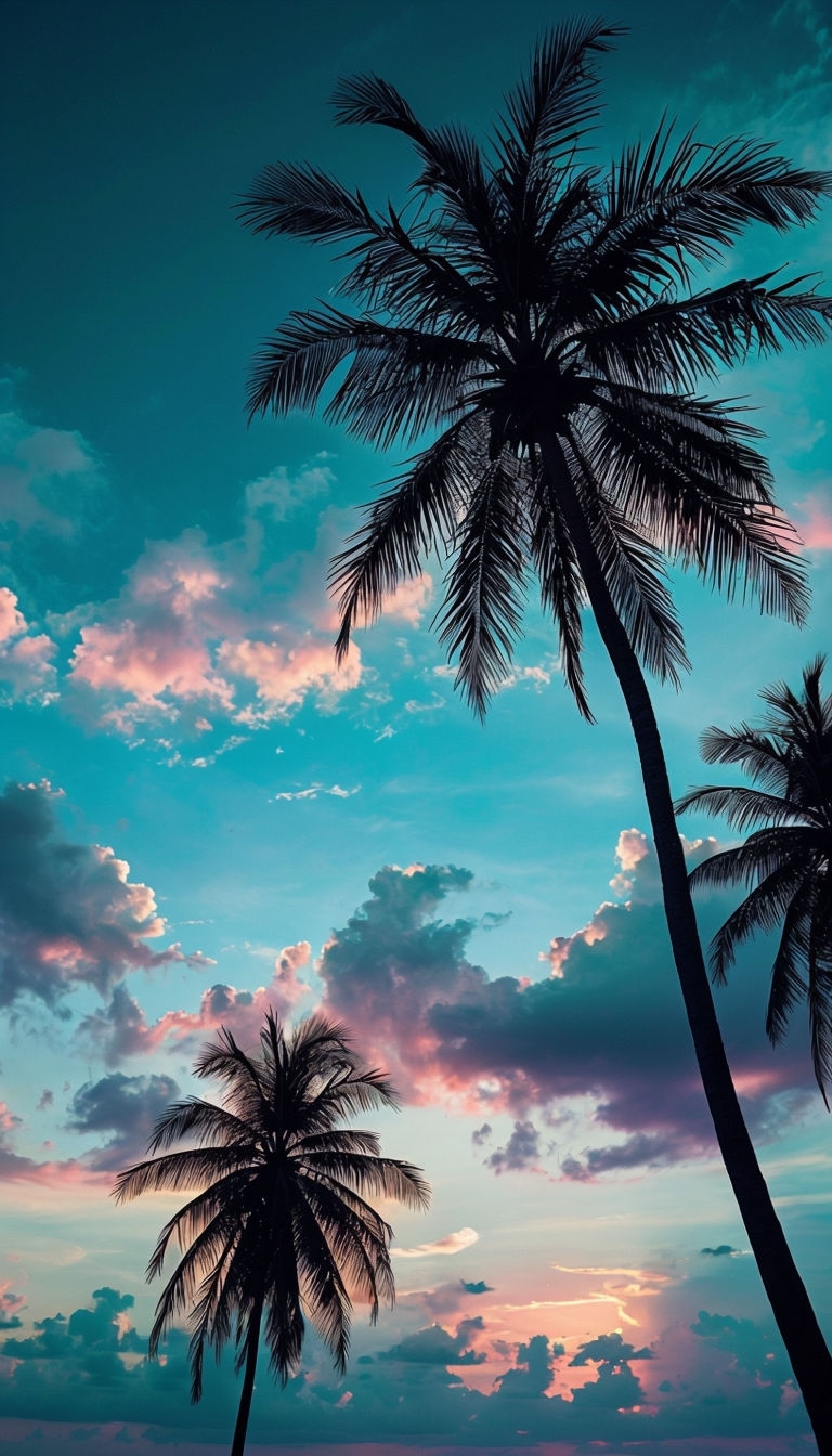 Serene Tropical Sunset with Silhouetted Palm Trees Mobile Wallpaper