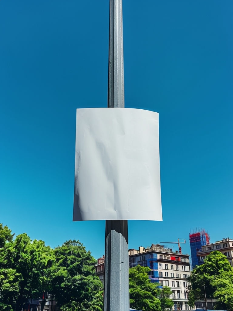 Gray Metal Pole with White Poster Against Blue Sky Mockup