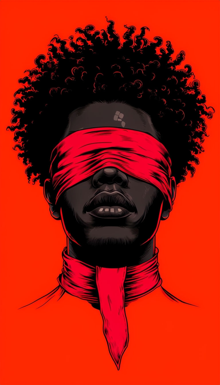 Bold Red Blindfolded Portrait with Curly Hair Mobile Wallpaper