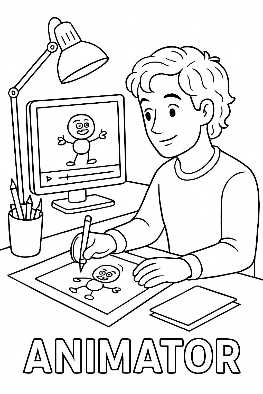 Young Animator Creating Cartoon Characters Line Drawing Coloring Book Pages