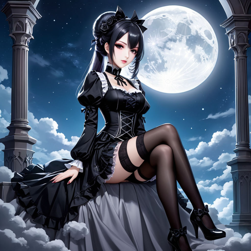 Goth woman. Fantasy style. Black hair. Pale skin. White eyes. Crazy smile.  Black clothes. Full body. Insane. Goth. Emo. Anime style.