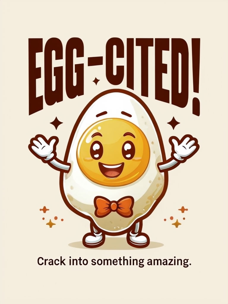 Cheerful Cartoon Egg Character with Egg-Cited Text Poster