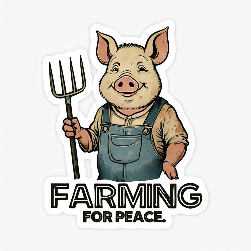 Vintage Cartoon Pig Farming for Peace Die-Cut Sticker