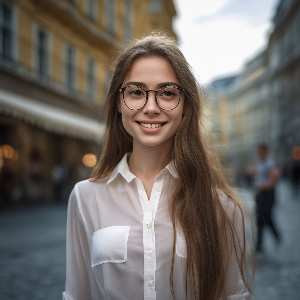 pretty german girl with long brown hair and glasses with a nice smile  wearing green