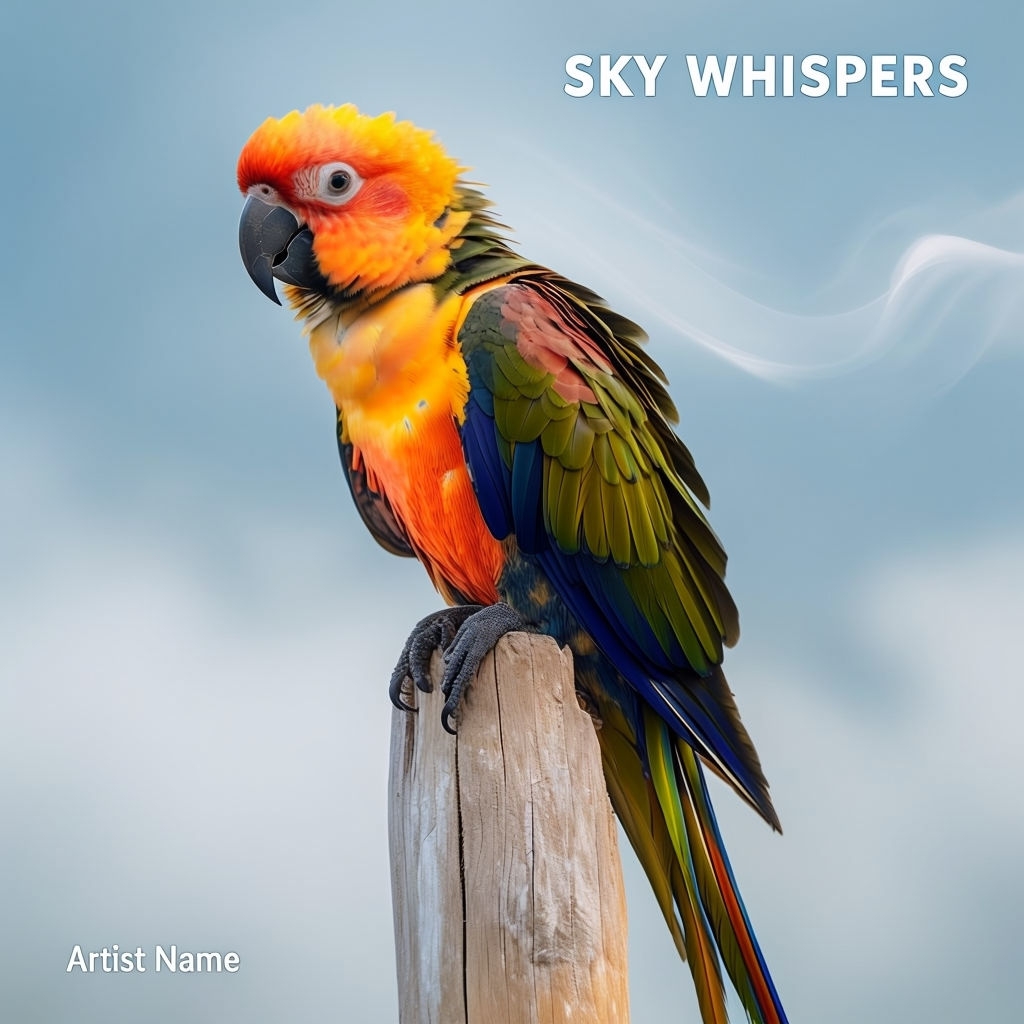 Vivid Sun Conure Parrot on Weathered Wood with Sky Whispers Spotify Album Cover