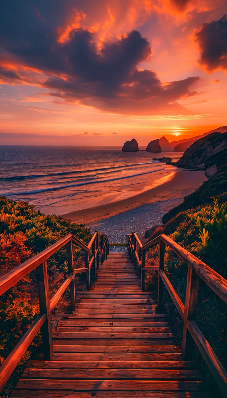 Tranquil Coastal Sunset from Wooden Stairs Mobile Wallpaper
