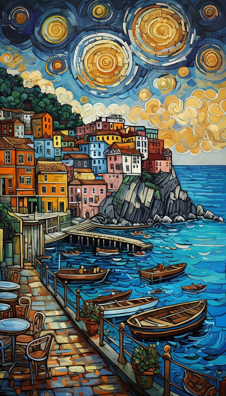 Vibrant Impressionistic Coastal Village Artwork Mobile Wallpaper