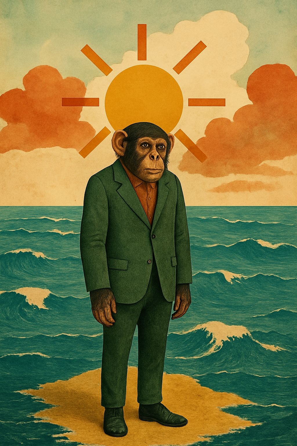 Surrealistic Chimpanzee in Forest Green Suit on Sandy Island Art