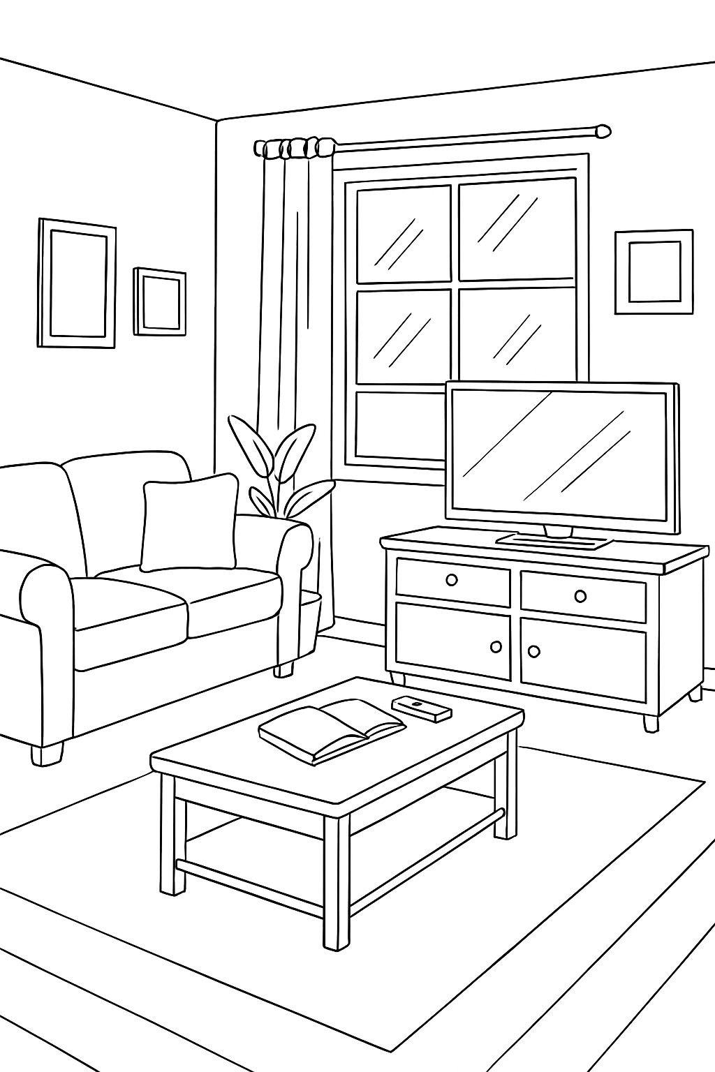 Modern Living Room Line Drawing for Relaxing Coloring Book Pages