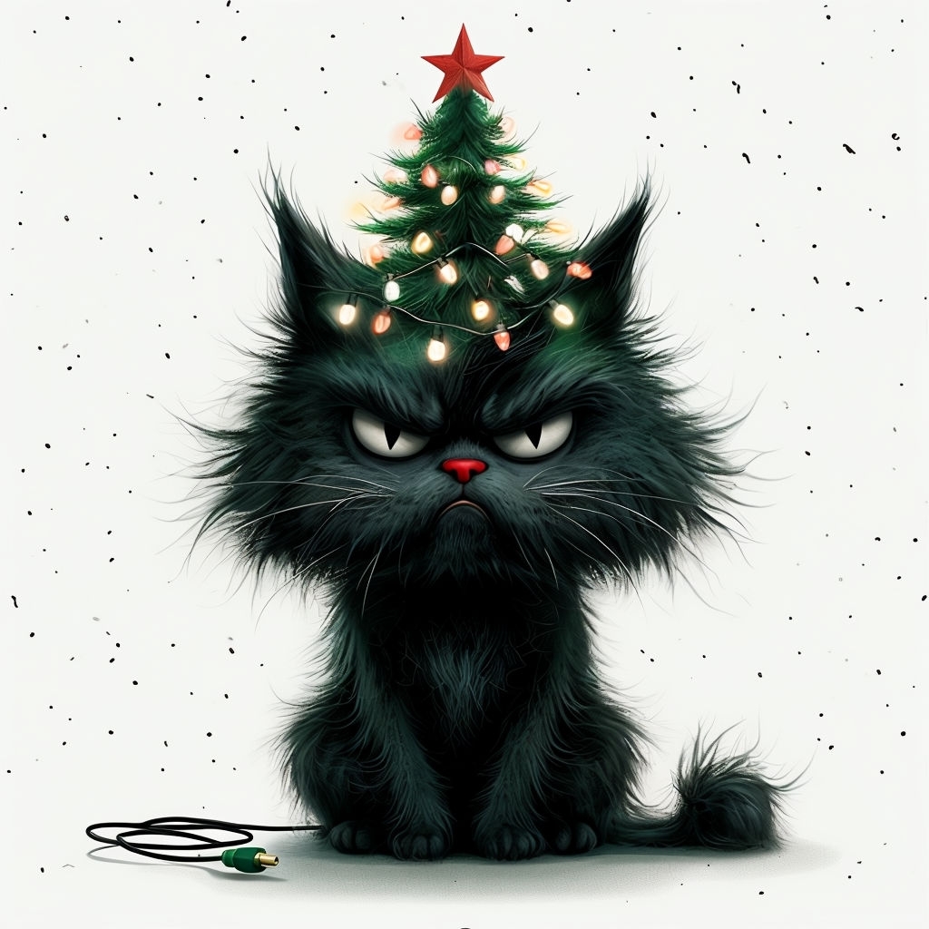 Whimsical Black Cat with Christmas Tree Illustration Art