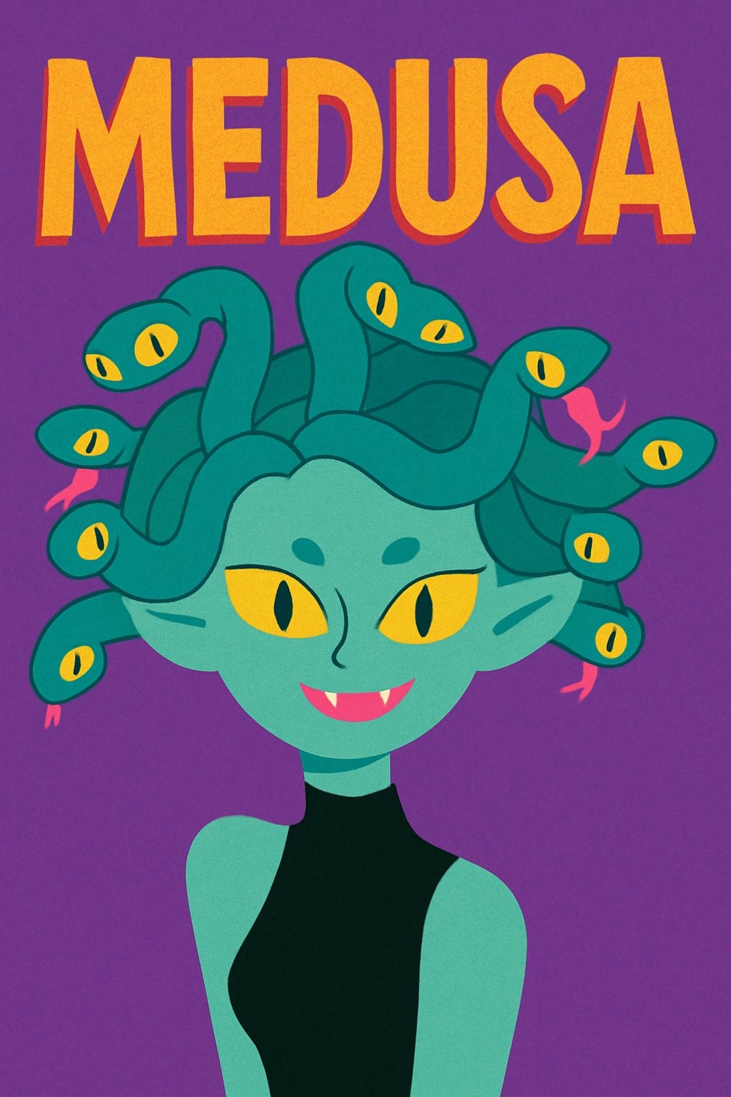 Mischievous Medusa Cartoon Illustration with Snakes Poster