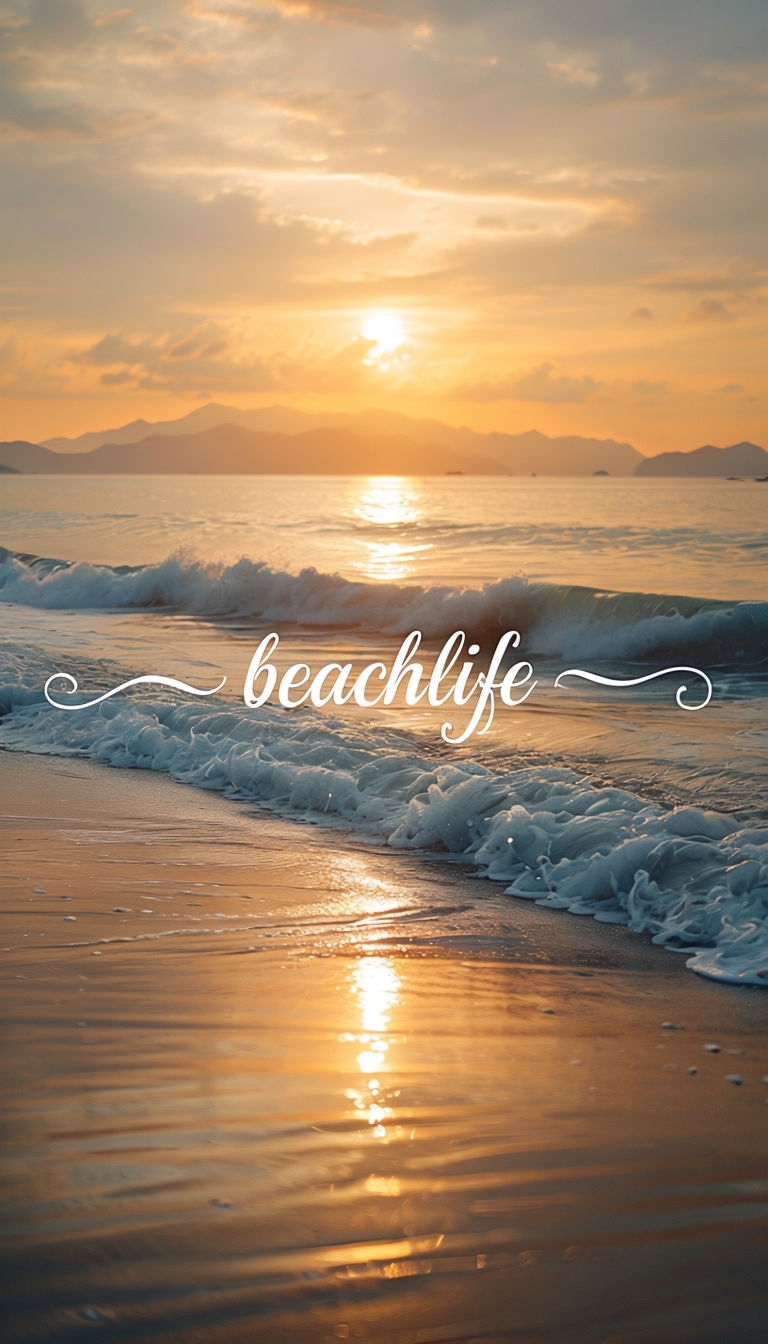 Tranquil Sunset Beach Scene with 'Beachlife' Text Art