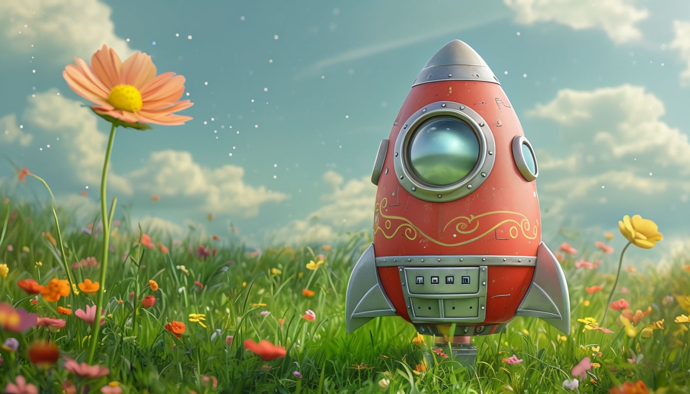 Whimsical Red Rocket Ship in Vibrant Meadow Art