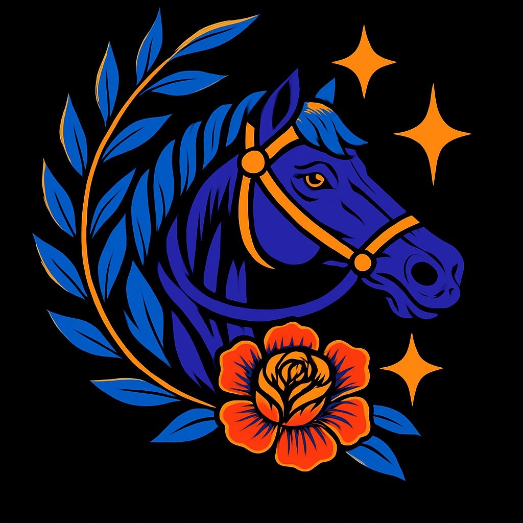 Vibrant Royal Blue Horse Illustration with Golden Accents Hat