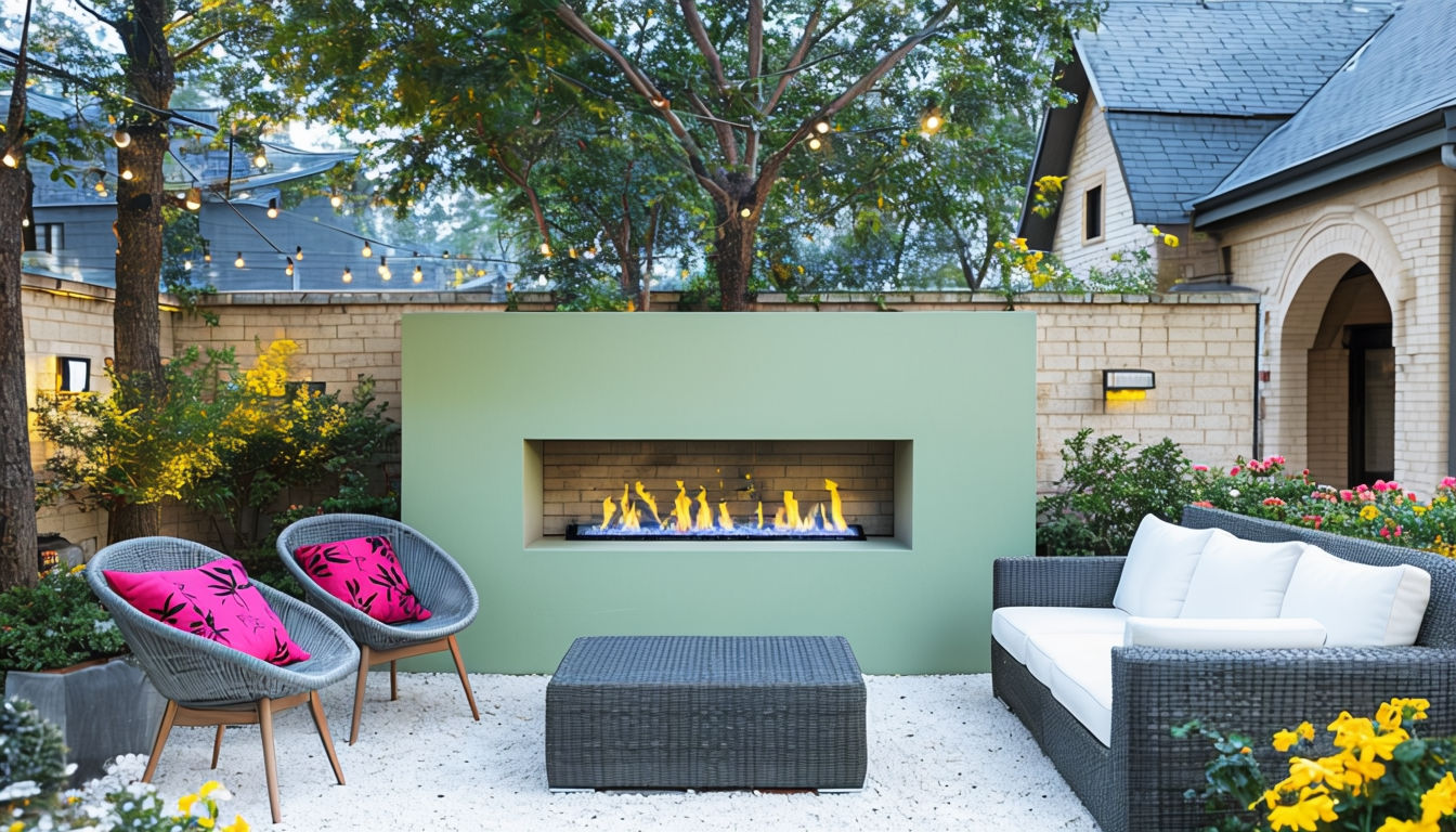 Modern Outdoor Patio Design with Cozy Fireplace and Elegant Seating Poster