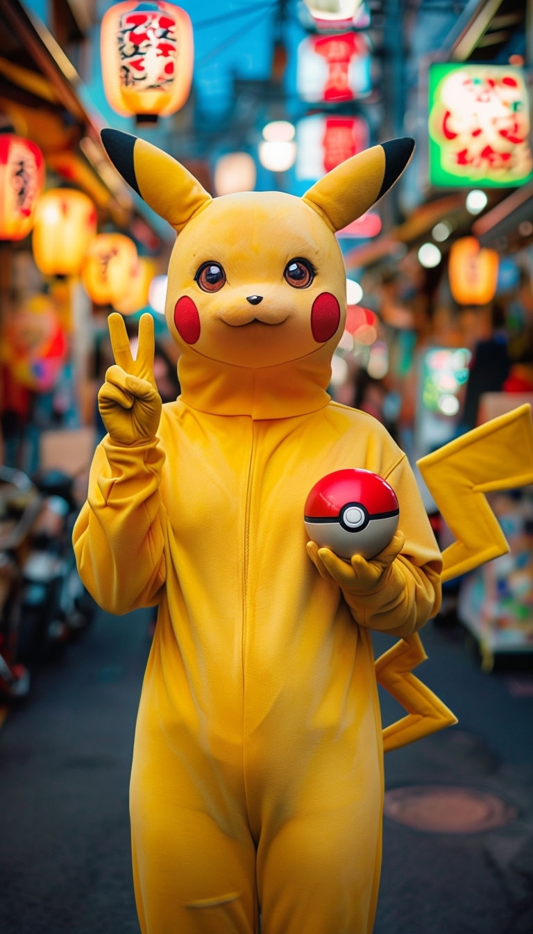 Energetic Pikachu Cosplay Portrait at Japanese Market Poster