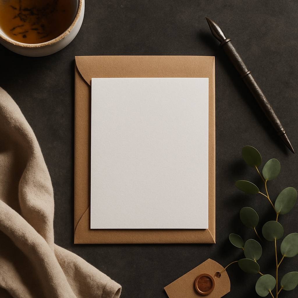 Minimalist Overhead Photograph of Envelope and Tea Cup Mockup