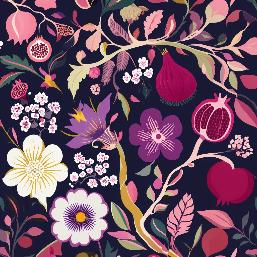 Vibrant Floral Intricate Pattern on Navy Blue Background Seamless Pattern