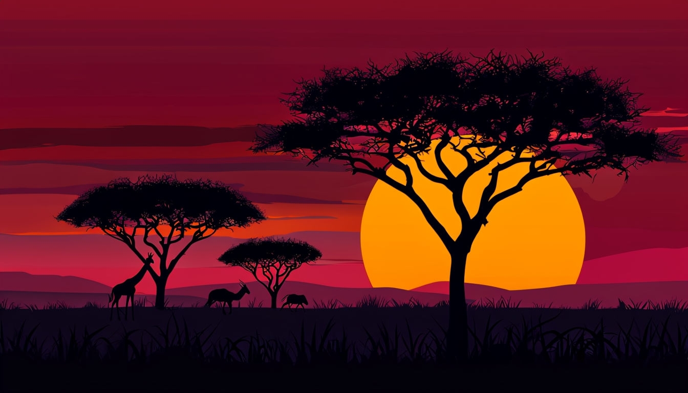 Tranquil African Savanna Sunset Illustration for Virtual Backgrounds