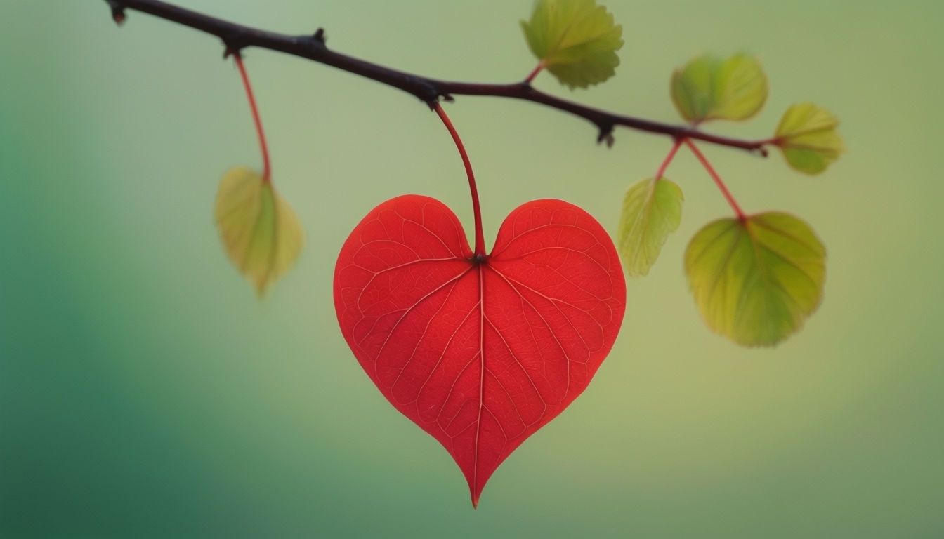 Vivid Red Heart-Shaped Leaf on a Branch Virtual Background