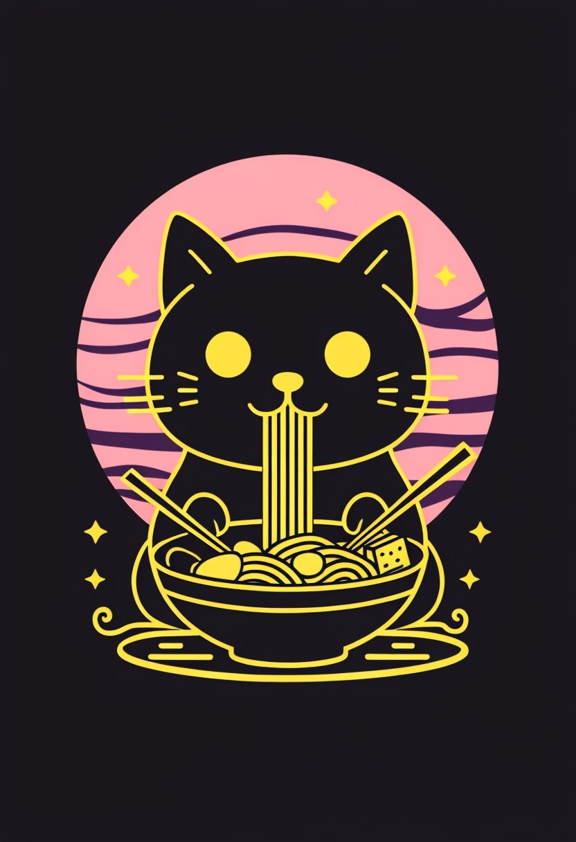 Cute Minimalist Cartoon Cat with Noodles T-shirt