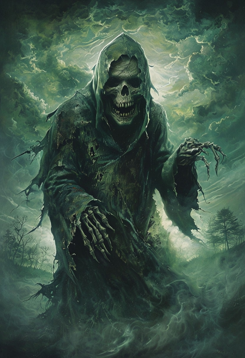 Sinister Skeletal Figure in Dark Fantasy Digital Painting Poster