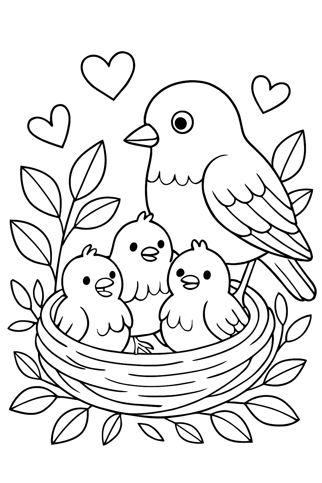 Whimsical Family of Birds Nesting Together Coloring Page