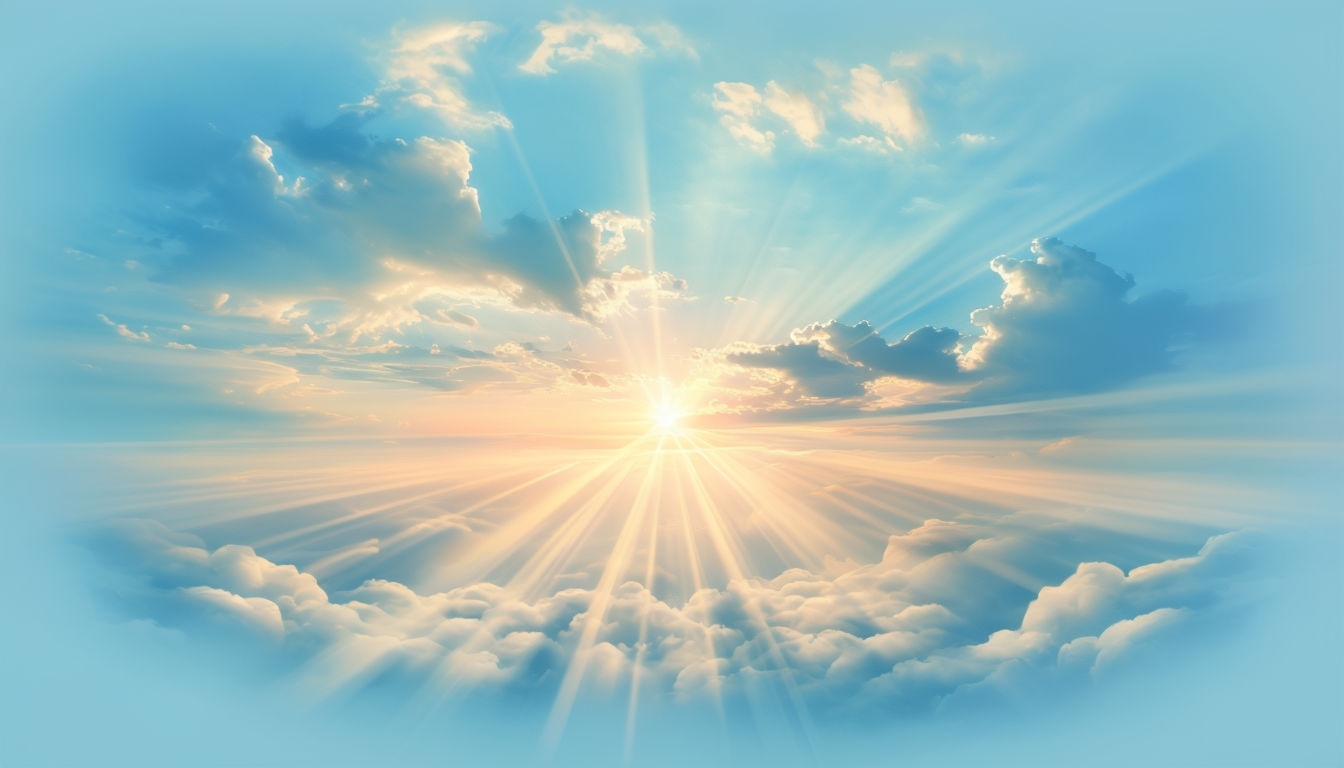 Tranquil Sky Scene with Fluffy Clouds and Radiant Sun Virtual Background