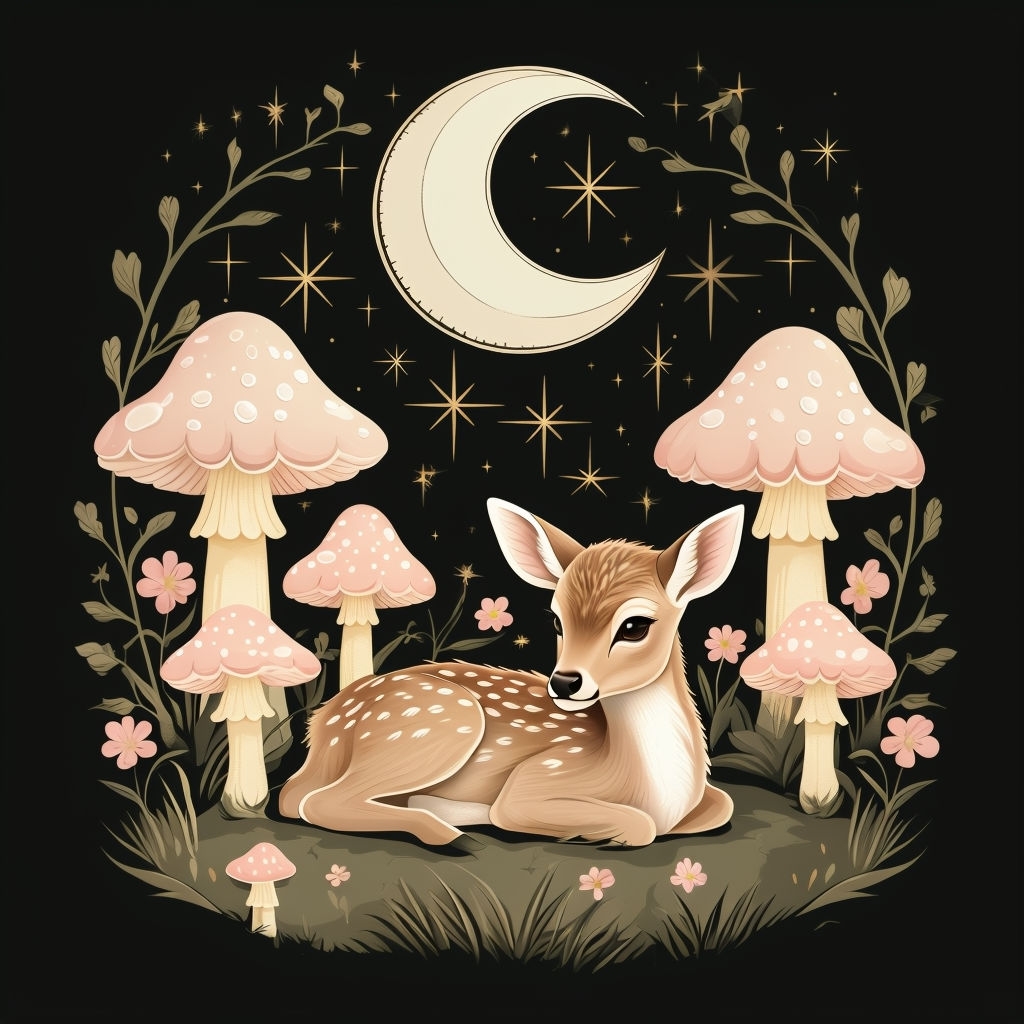 Whimsical Deer and Mushroom Enchantment T-Shirt