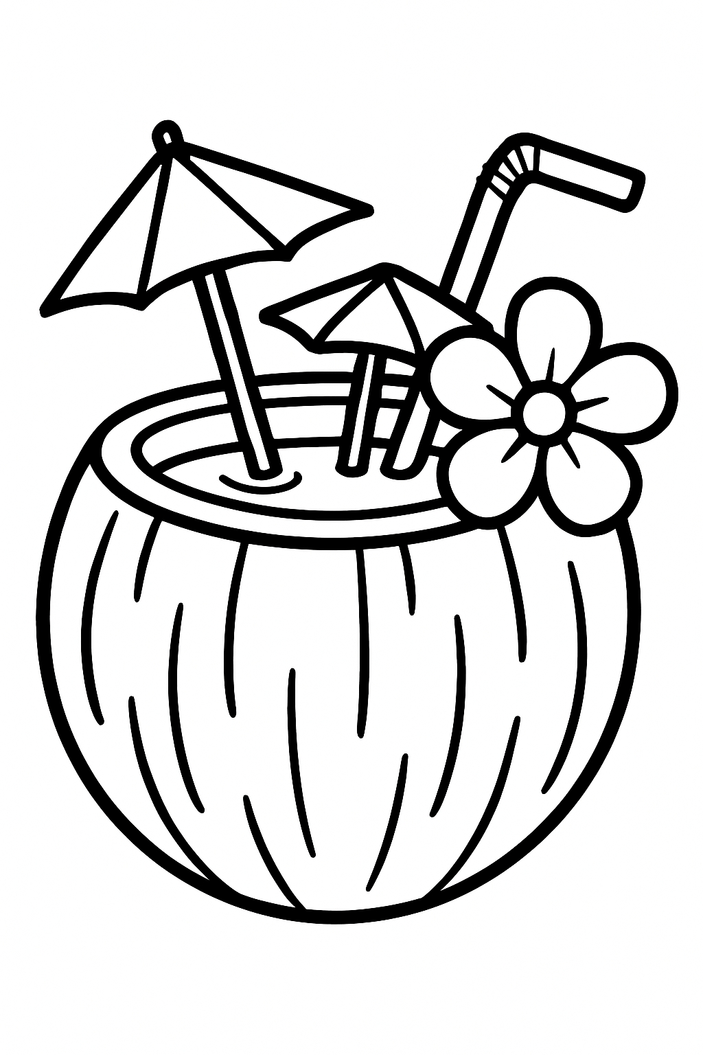 Tropical Coconut Cocktail Line Drawing for Relaxing Coloring Book Pages