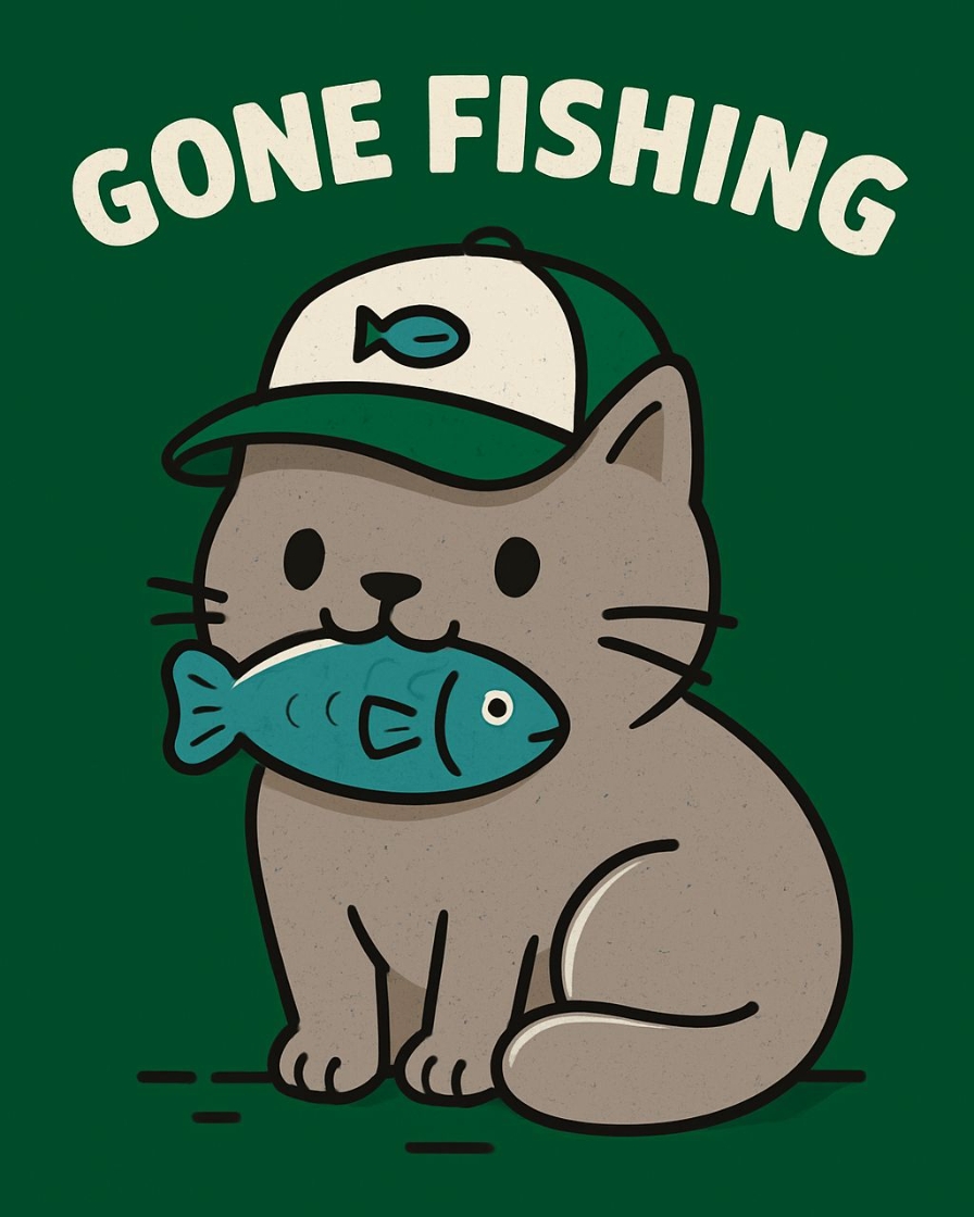 Cute Cartoon Gray Cat Gone Fishing Illustration T-Shirt