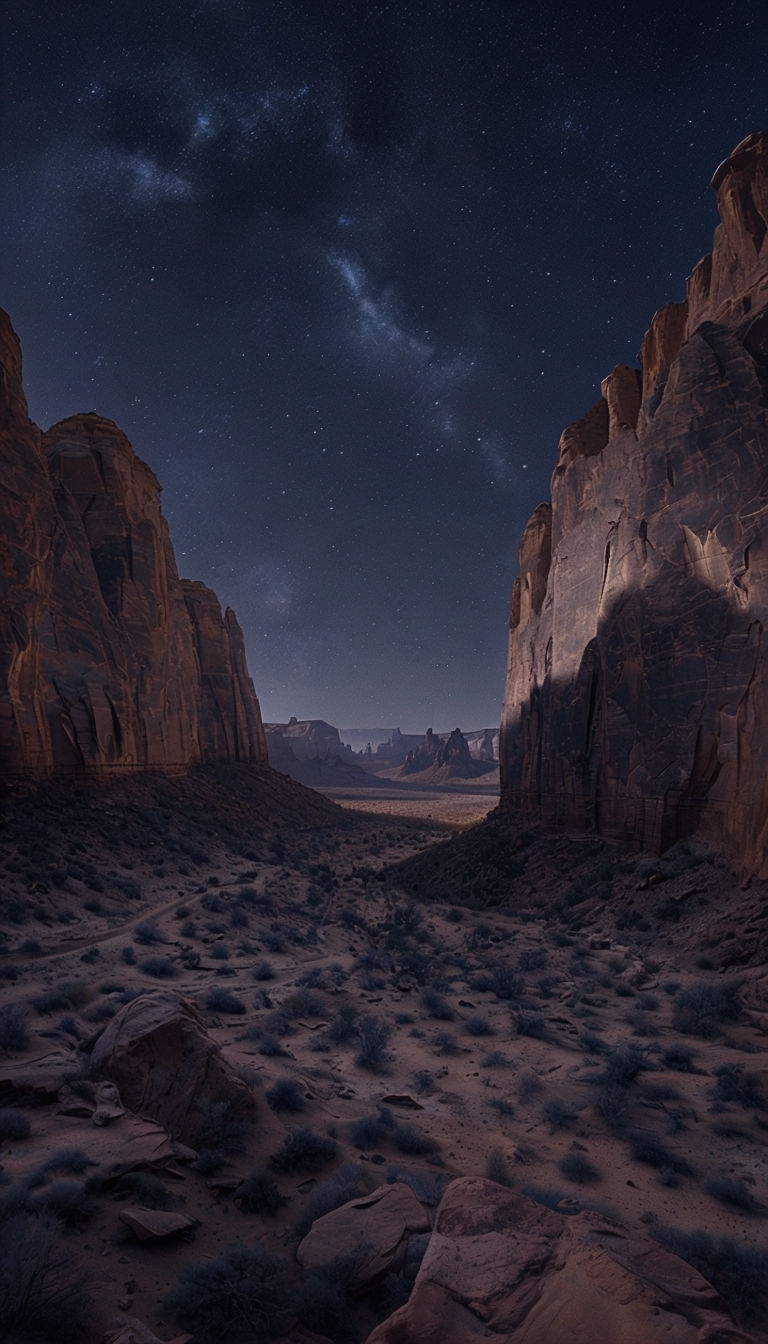 Stunning Desert Canyon Under Starry Night Sky Mobile Wallpaper