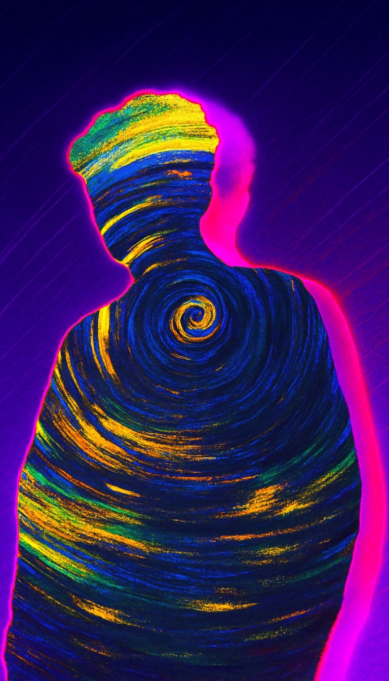 Vibrant Abstract Neon Silhouette Against Deep Purple Background Mobile Wallpaper