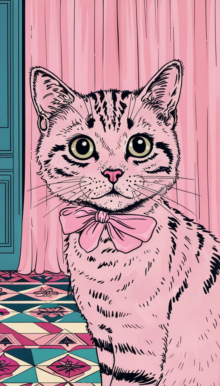 Whimsical Pink Cat Illustration with Bow and Geometric Background Art