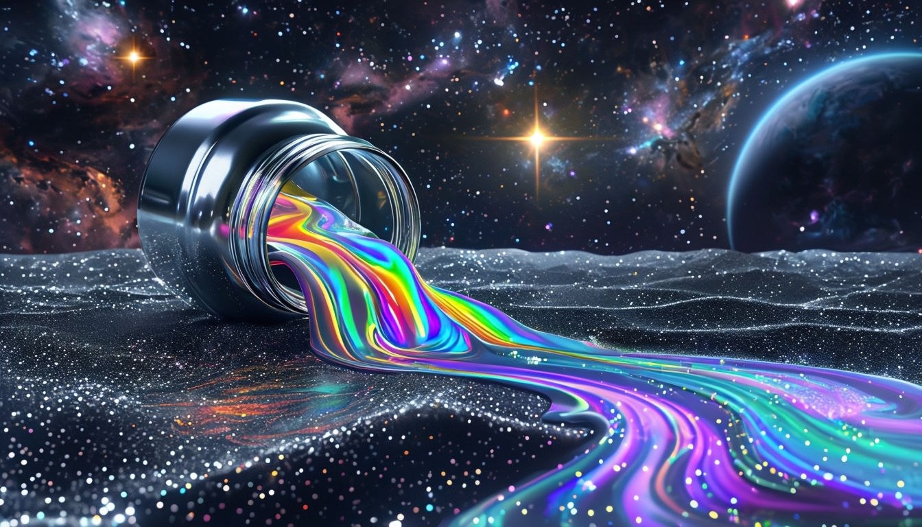 Surreal Metallic Jar Pouring Rainbow Liquid Across Cosmic Space Background
