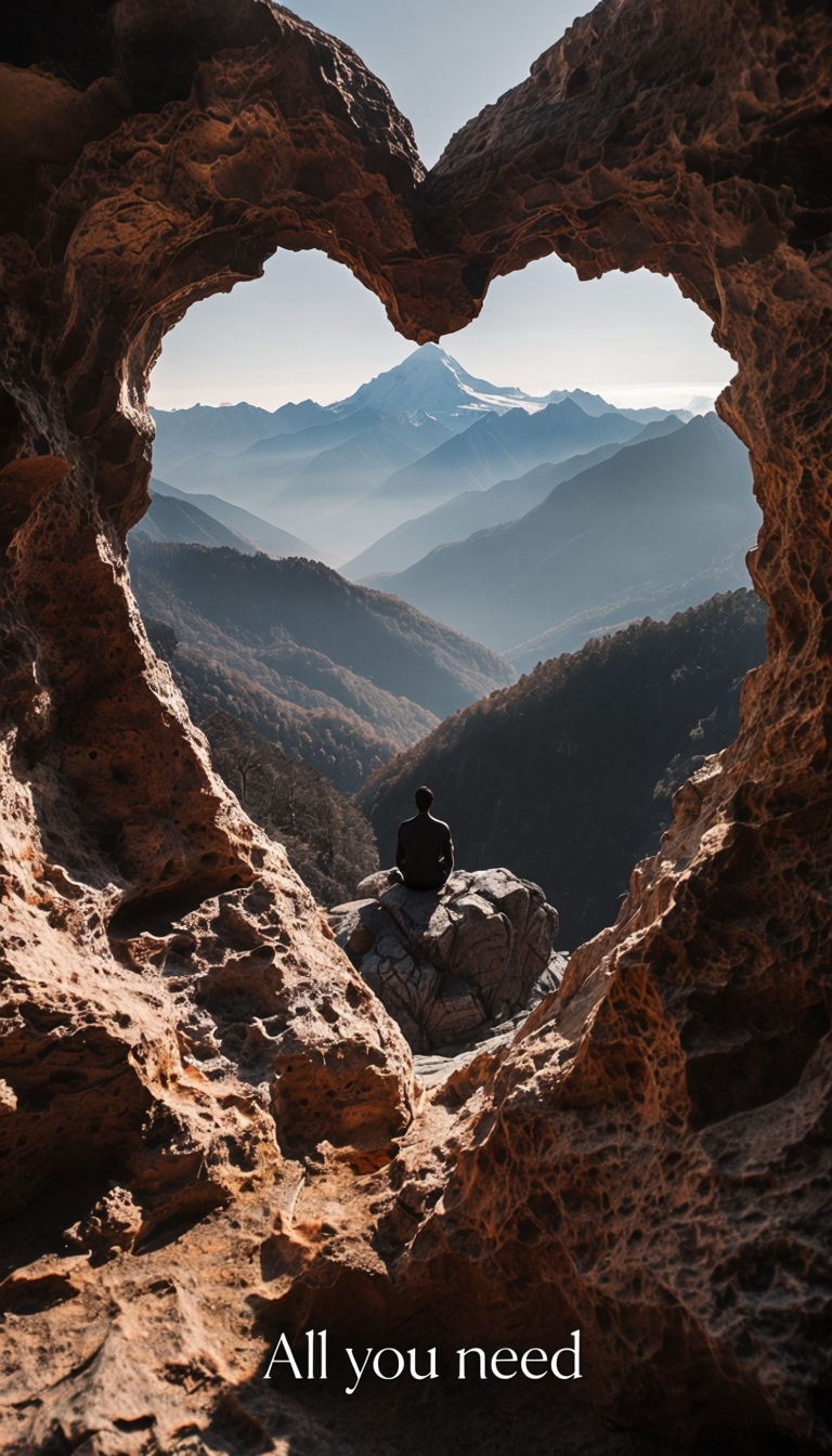 Heart-Shaped Rock Frame with Meditation Scene and Mountain Landscape Poster