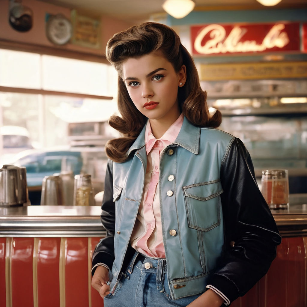 Teen in rockabilly pinup dress. Short dress. Bending over to Pick up a  handkerchief. 50s diner. Full body