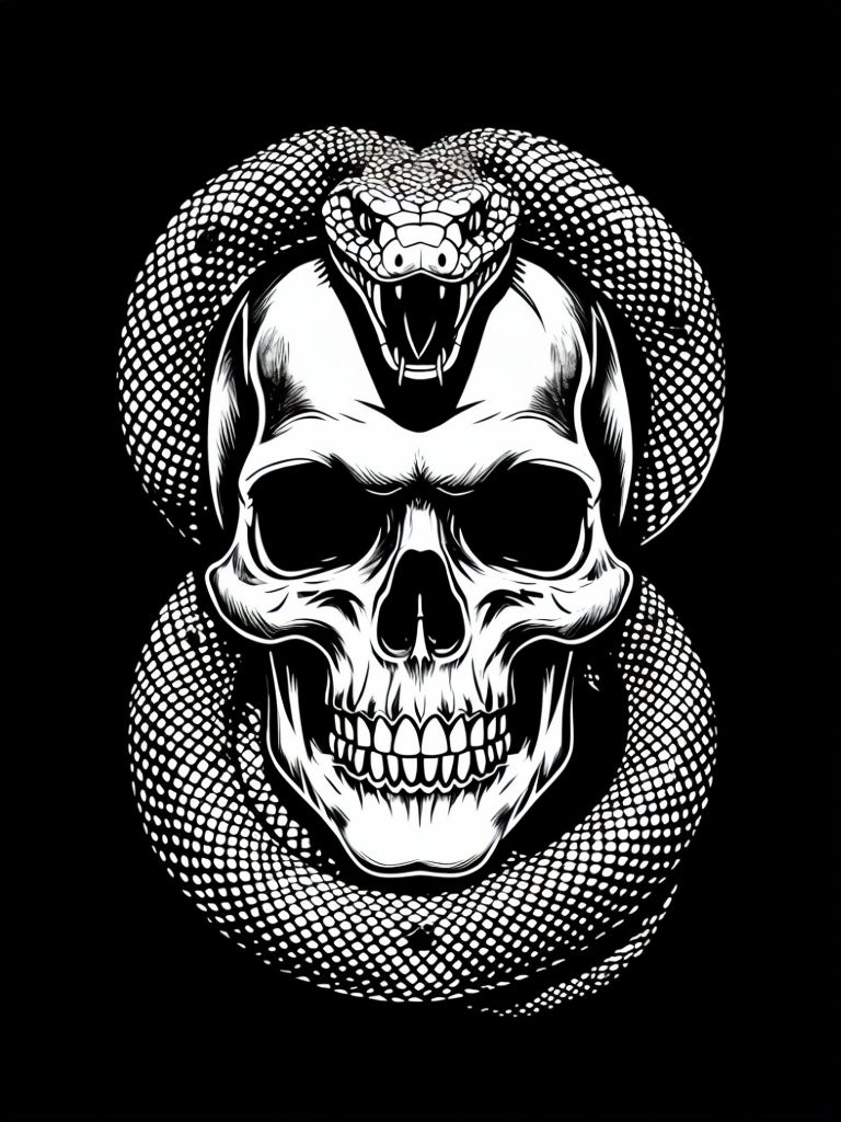 Menacing Skull and Snake High-Contrast Art T-Shirt