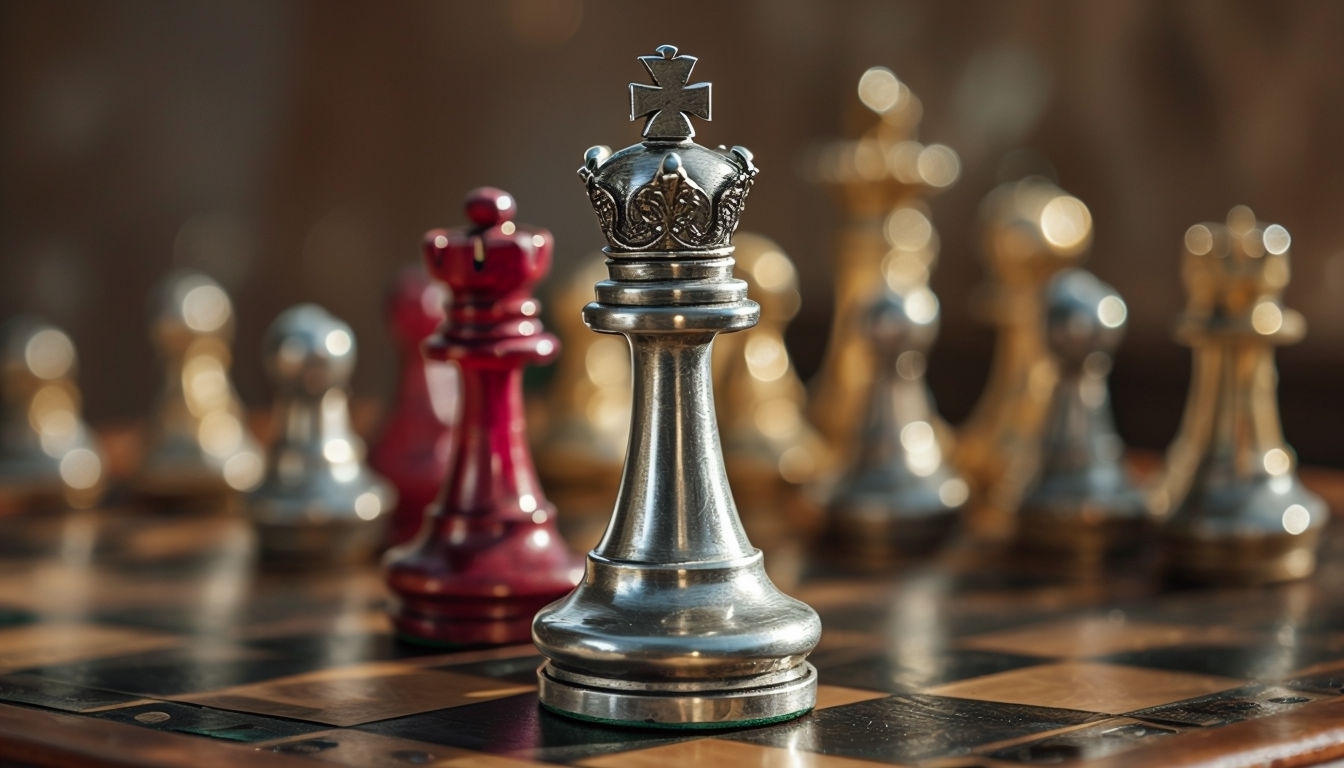 Majestic Antique Chess Pieces on Elegant Wooden Board Virtual Backgrounds